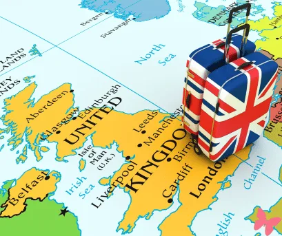 Map on the United Kingdom with a suitcase with the Union Jack placed over it